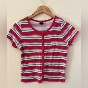 Striped Red and White Button-Up Top